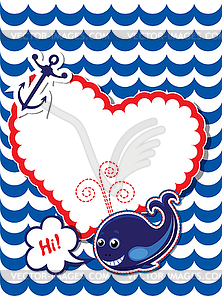 Funny Card with whale, anchor and empty frame for - vector clipart