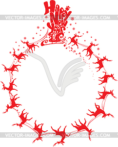Новогодняя открытка с летающих оленей поводья - красный цвет - иллюстрация в векторном формате