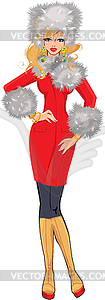 Beautiful blond woman dressing in red coat with - vector EPS clipart