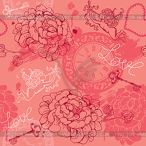 Valentines Day seamless pattern with Cupid, flowers - vector image