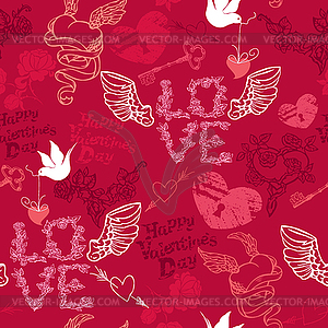 Valentines Day seamless pattern with hearts, keys - color vector clipart