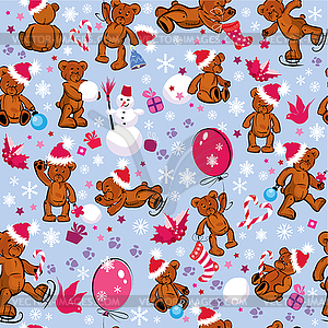 Seamless pattern with teddy bears, snowflakes and - vector clipart / vector image