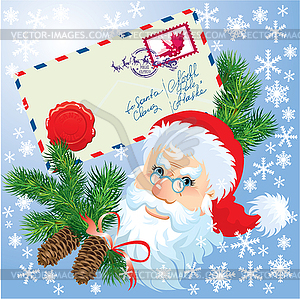 Christmas envelop and Santa Claus head with fir tre - vector clip art