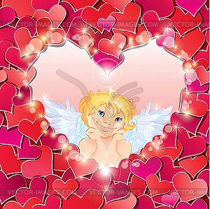 Cute angel in heart shape frame edged of red paper - vector image