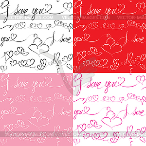 Set of Seamless patterns with hearts and text: I - vector clipart