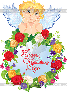 Cute angel with flowers. Valentines Day card design - vector image