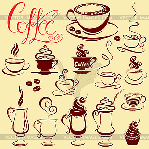 Set of coffee cups icons, stylized sketch symbols - vector clip art