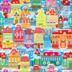 Seamless pattern with decorative colorful houses - vector image