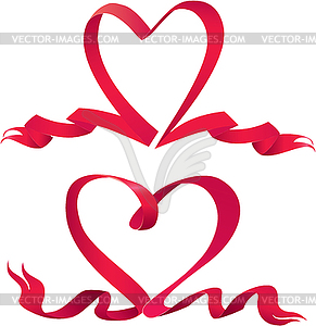 Set of two Red ribbons are made in heart shape - vector clipart