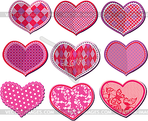 Scrapbook set of hearts in stitched textile style - vector clip art