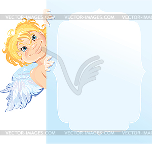 Cute angel peeking round of behind frame. Valentine - vector EPS clipart