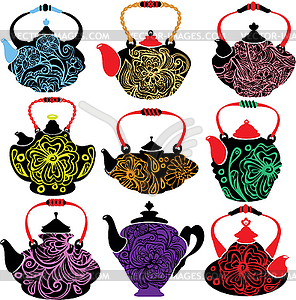 Set of teapot with floral ornament - vector image