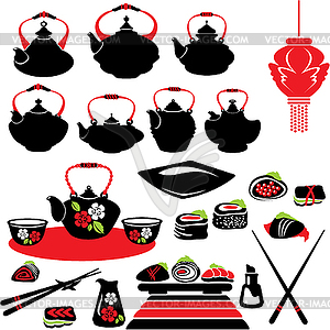 Set of asian food icons - teapot, sushi - vector EPS clipart