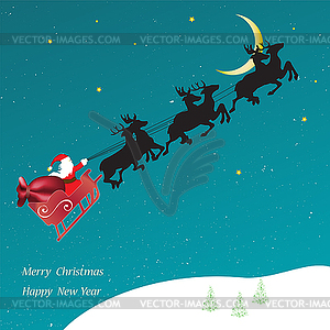 Рождественская открытка с летящей Сани с Дедом Морозом - графика в векторном формате