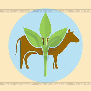 Cow silhouette and green leaves - vector image