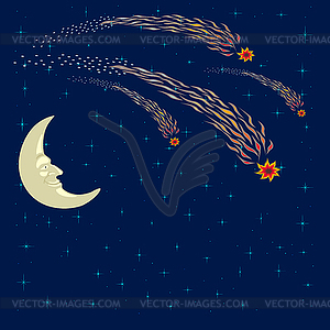 Space landscape, moon face, stars, falling comet - vector clip art