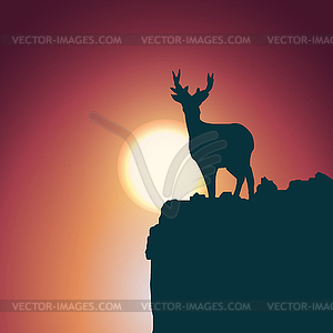 Landscape background. Deer standing on hill - vector image