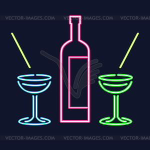 Неон коктейль очки и бутылка - векторизованное изображение