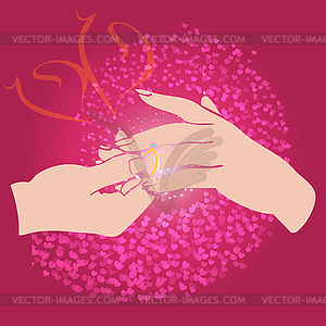 Groom puts ring on bride hand - vector clipart