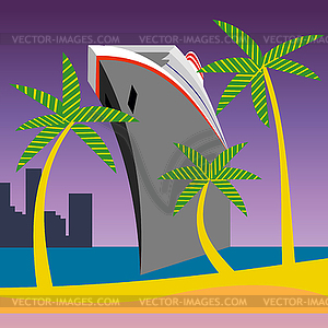 Cruise ship arriving at tropical island destination - royalty-free vector clipart