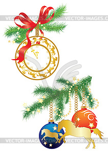 Clock and Christmas decorations - vector image