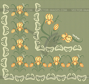 Background with ornaments of yellow irises - vector clipart