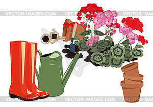 Flowers in garden rubber boots and watering - vector clipart