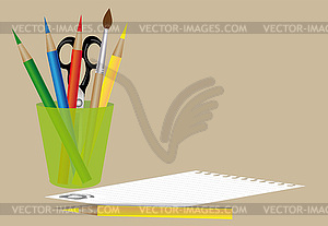 Sheet of paper, scissors and pencils - vector image