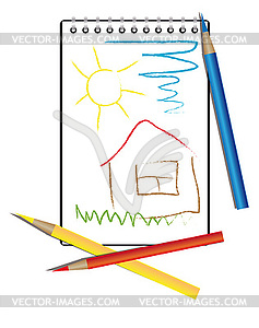 Child`s drawing and colored pencils - royalty-free vector clipart