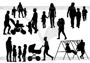 Parents with children - white & black vector clipart