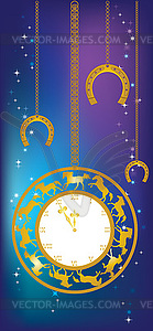 New Year background with clock and horseshoes - vector image