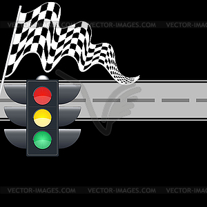 Traffic light with checkered flag and road - vector image