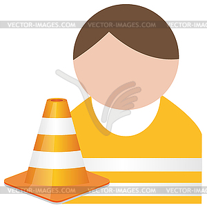 Buddy in orange safety vest with traffic cone - vector clip art