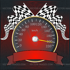 Speedometer with checkered flags and banner - vector image