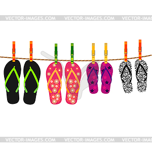 Family flip flops with rope and clothespins - vector image