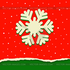 Red and green torn paper background with snowflake - vector image