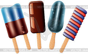 Set of colorful fruit and chocolate popsicles - vector image