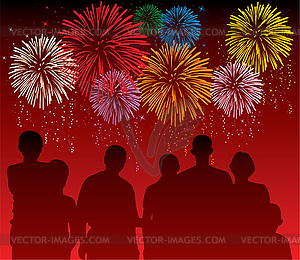 People watching colorful fireworks - vector clipart