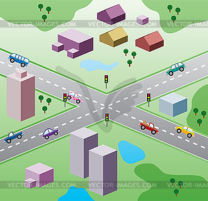 With houses, and cars on road - vector image