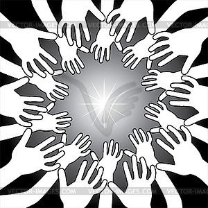 Hands around bright light - vector clipart