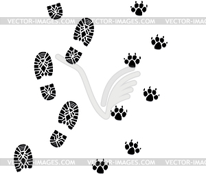 Foot prints of man and dog - vector image