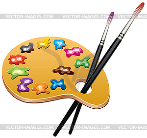 Wooden art palette with blobs of paint and brushes - vector image