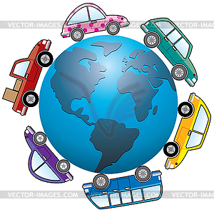 Cars around earth globe - vector clipart