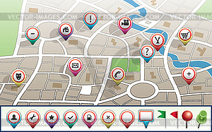 City map with GPS icons - vector clipart