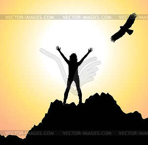 Girl on mountain and flying bird - vector clipart