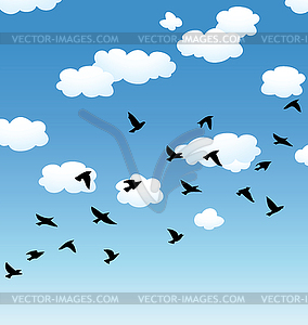 Flying birds and clouds in sky - vector clipart