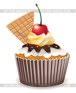Cupcake with cherry and waffle - vector image