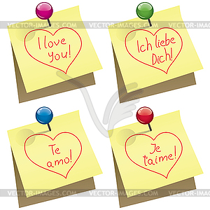 Yellow paper notes with push pin and I love you - vector clip art