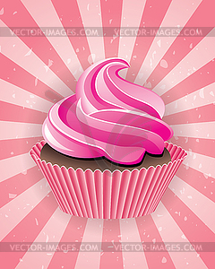 Pink cupcake on retro background - vector image