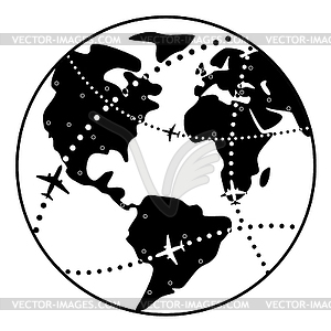 Airplane flight paths over earth globe - vector clip art